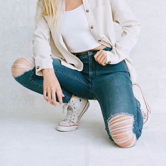 PacSun Dark Blue Distressed High Waisted Jeggings 24 - Picture 2 of 13